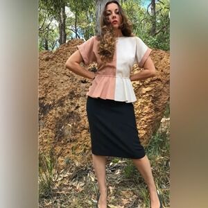 Vintage 80's Elegant Leslie Fay SZ 6 Black Pencil Skirt Color Block Dress + Belt